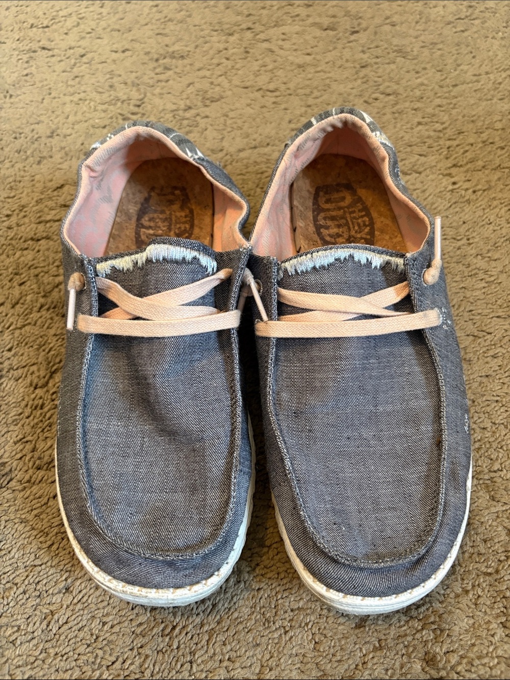 Hey Dude Gray Canvas Slip-Ons with Pink/Peachy Lining